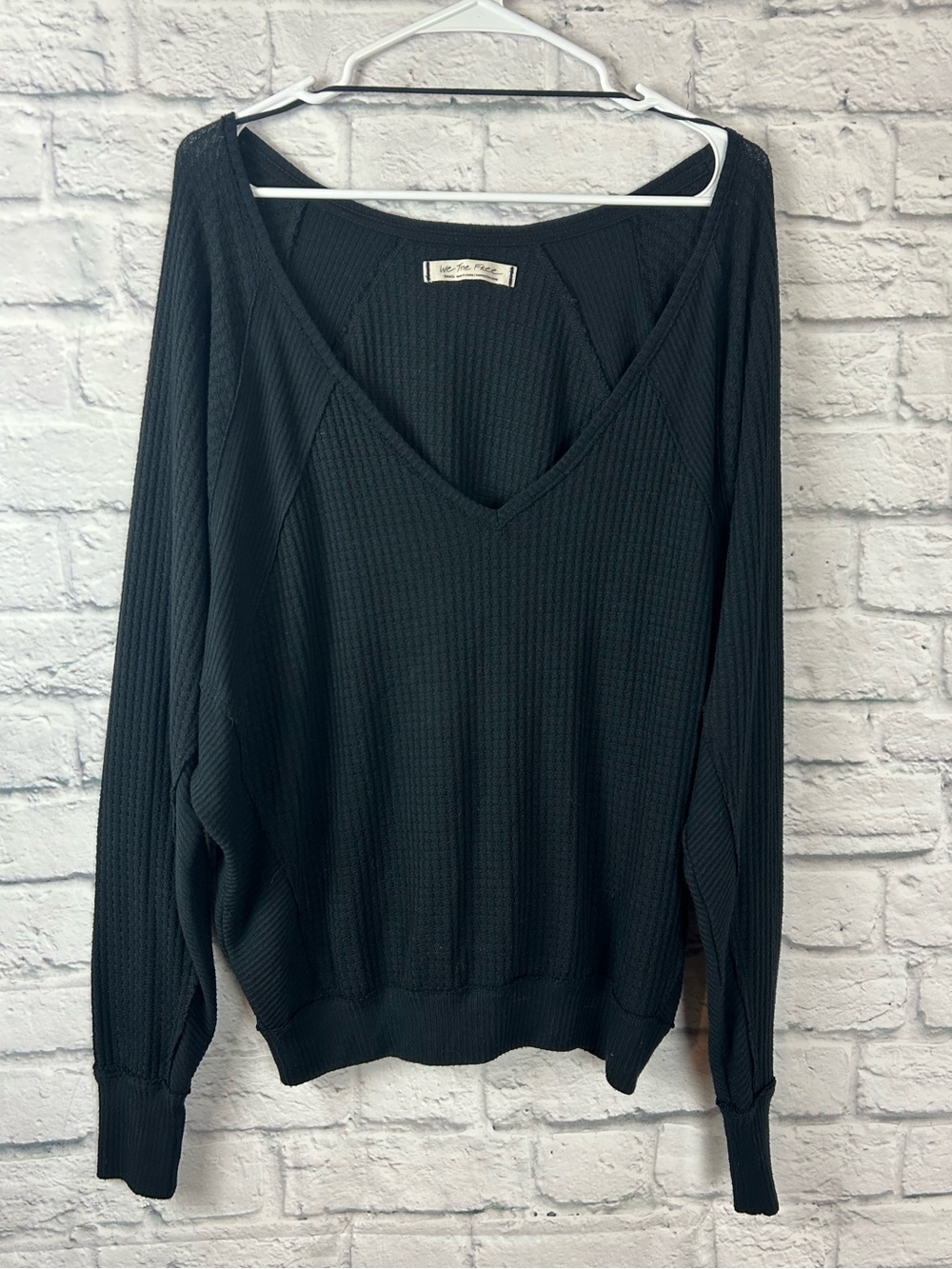 Free People We The Free Black Waffle Knit Cutout V Neck Top Small